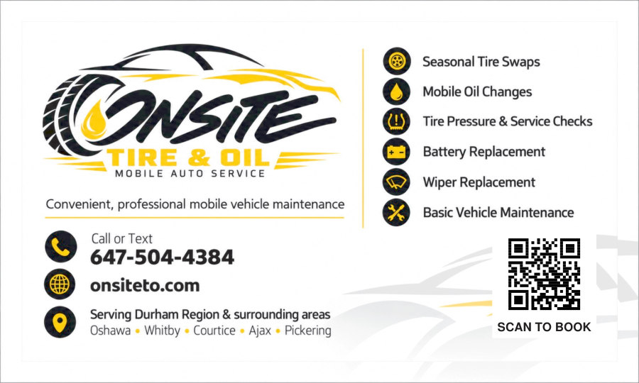 Back of the Onsite Tire and Oil business card