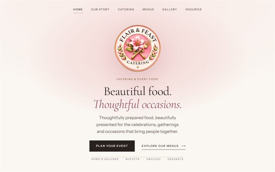 Screenshot of the Flair and Feast Catering website